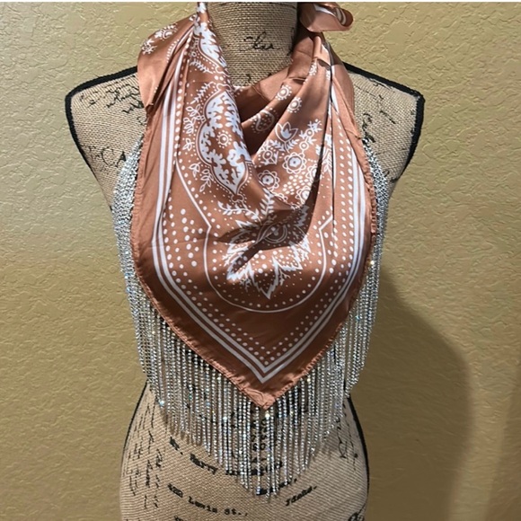 No Brand Accessories - Western, satin, rhinestone fringe scarf, camel color, NWT | offer in description